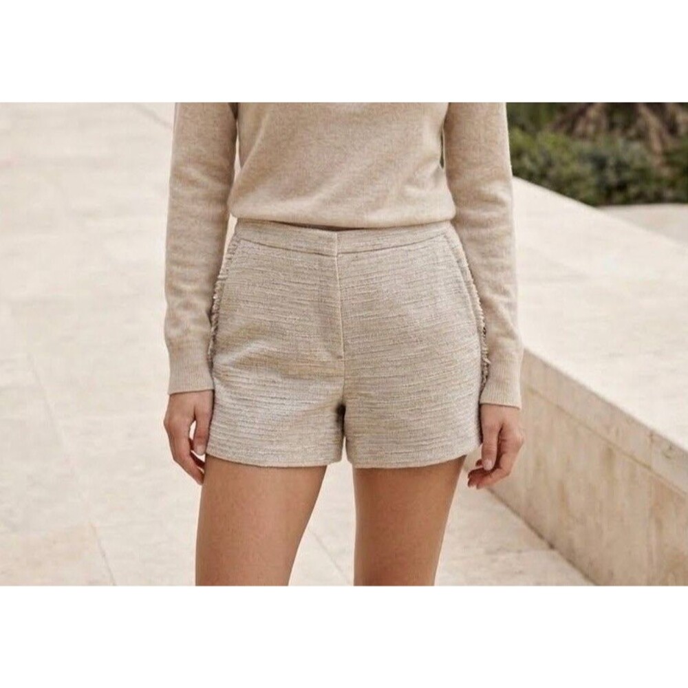 Banana Republic Ryan Tweed Shorts Size 12 Metallic Beige Fringe Tailored Dressy